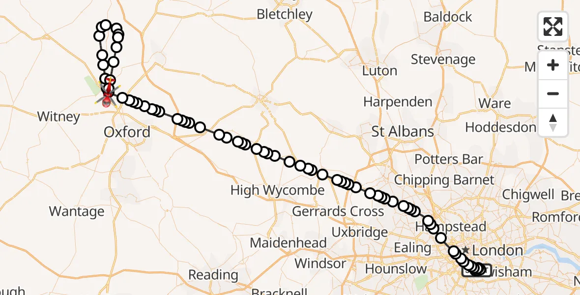 Flight path map showing Air Ambulance Helicopter route from Kings College London Hospital to London Oxford Airport