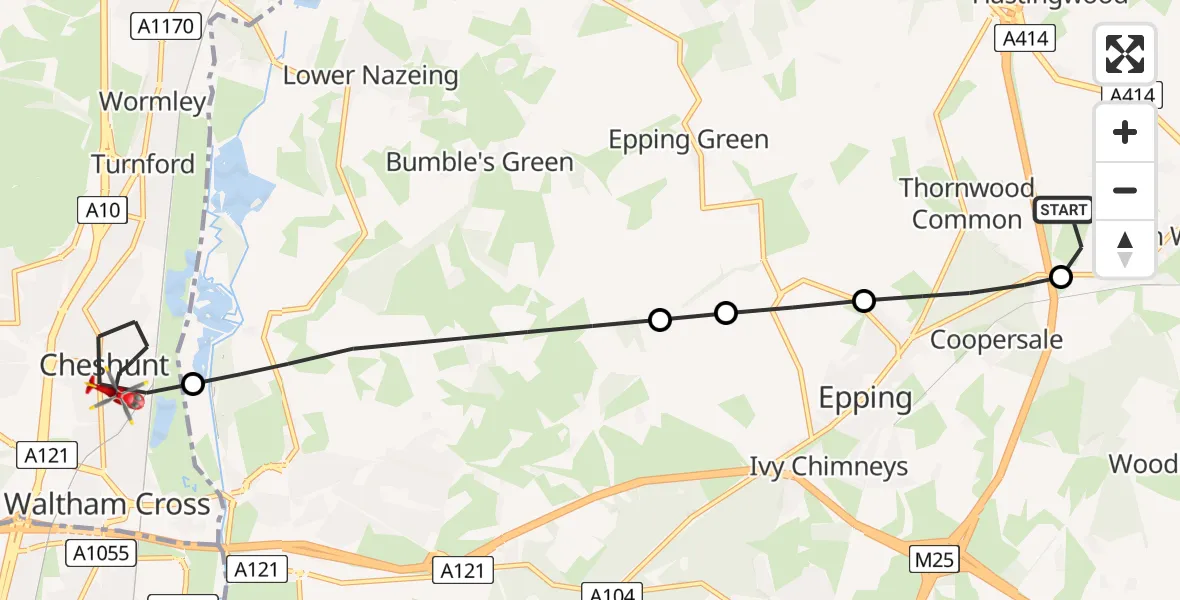 Flight path map showing Air Ambulance Helicopter route from North Weald Airfield to Cheshunt