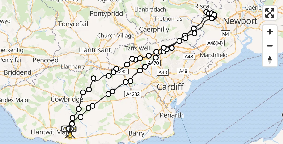 Flight path map showing Police Helicopter route from MOD St Athan to MOD St Athan