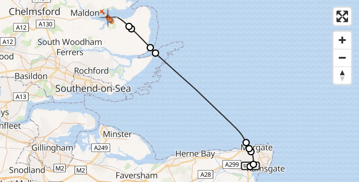 Flight path map showing Coastguard Helicopter route from Manston Airport to Maldon