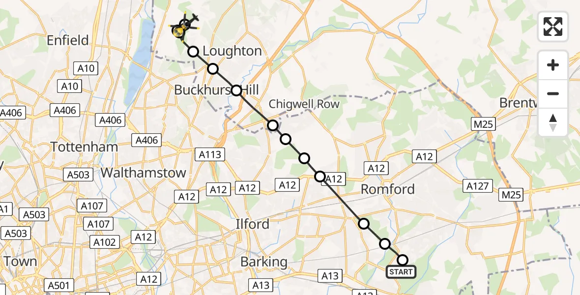 Flight path map showing Police Helicopter route from South Hornchurch to Sewardstonebury