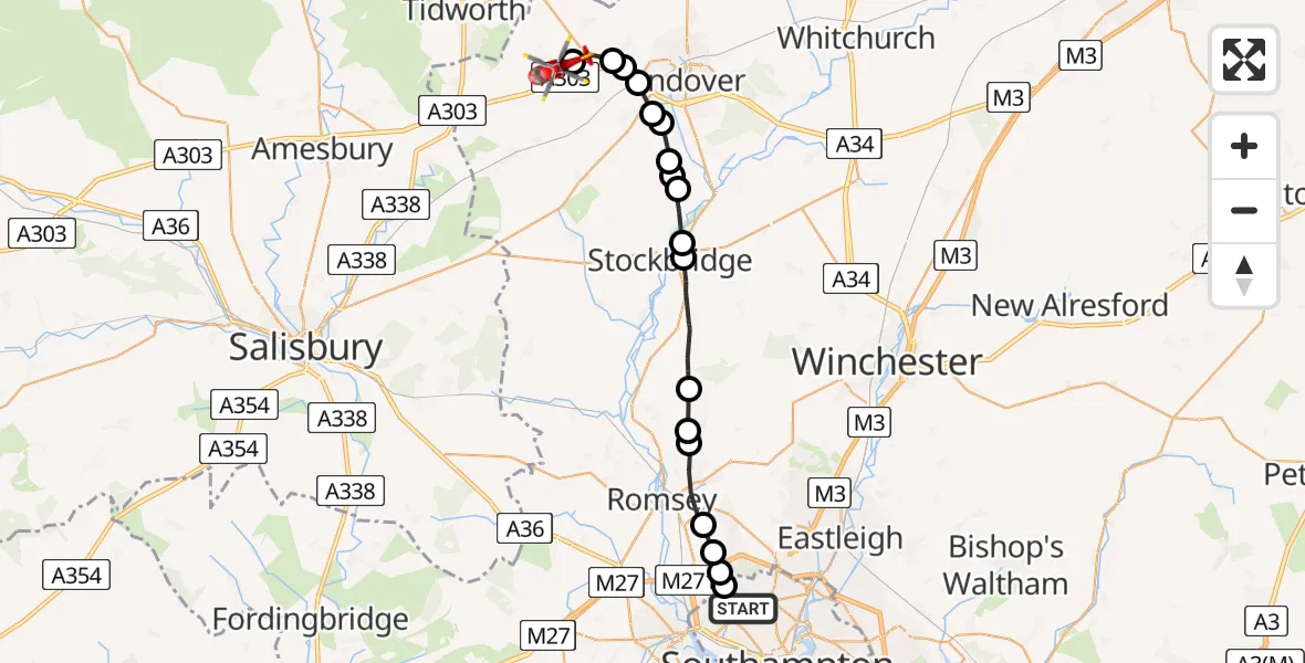 Flight path map showing Air Ambulance Helicopter route from University Hospital Southampton to Fyfield