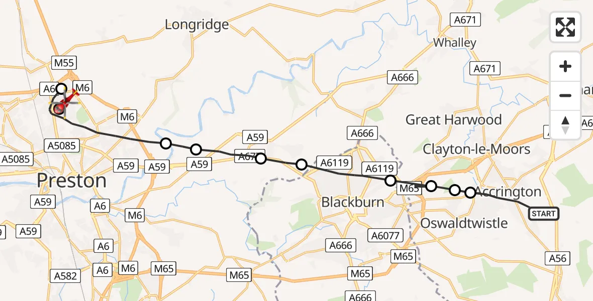 Flight path map showing Air Ambulance Helicopter route from Accrington to Broughton