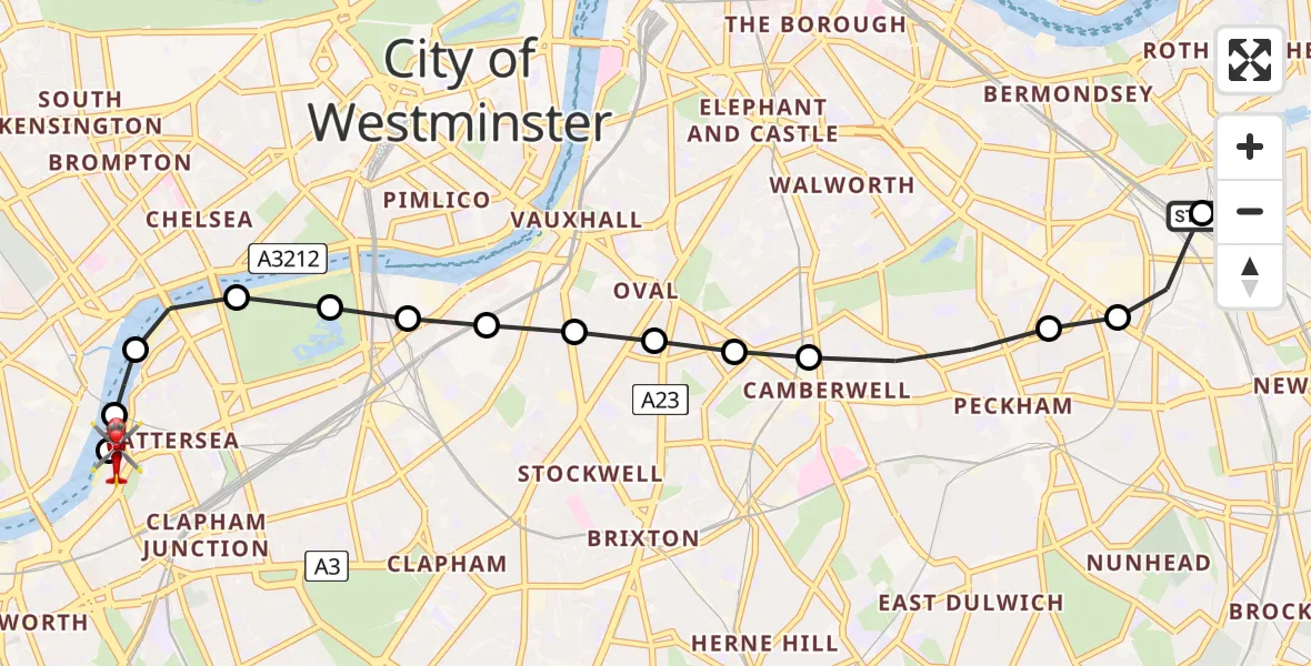Flight path map showing Air Ambulance Helicopter route from Lewisham to London Heliport