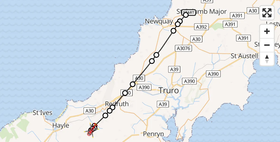 Flight path map showing Air Ambulance Helicopter route from Cornwall Airport Newquay to Praze-An-Beeble
