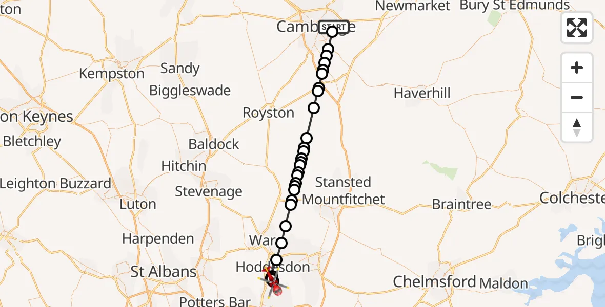 Flight path map showing Air Ambulance Helicopter route from Cambridge City Airport to Epping Forest