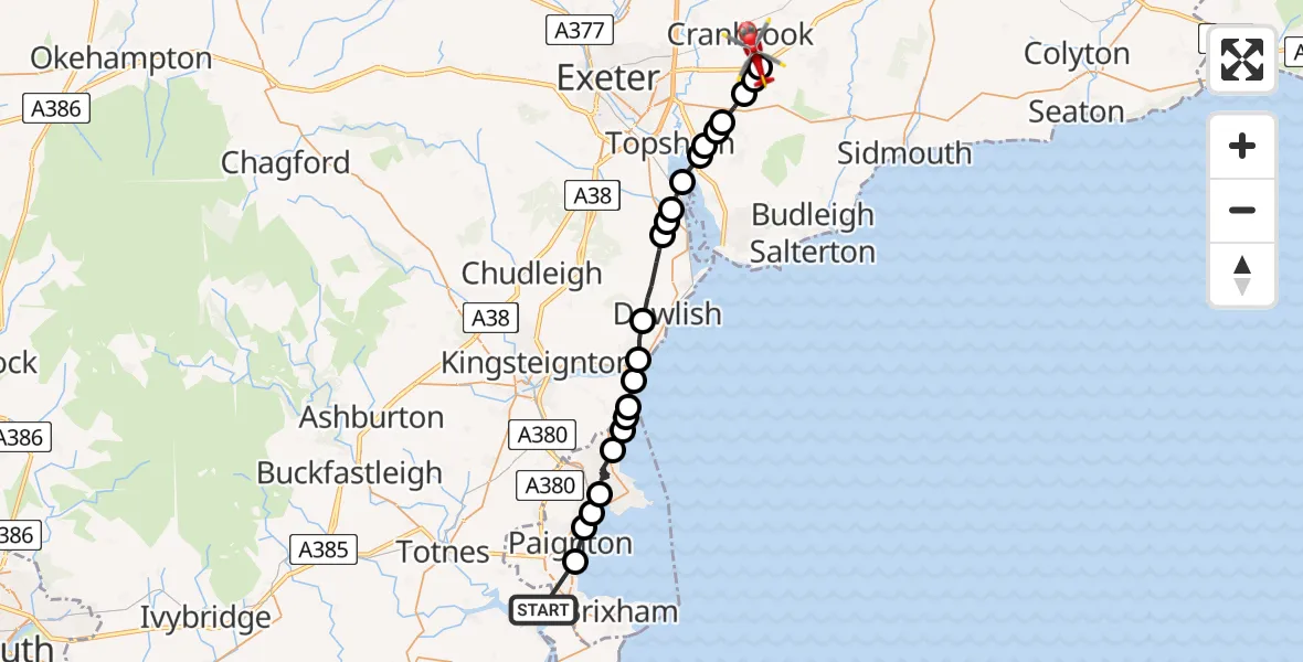 Flight path map showing Air Ambulance Helicopter route from Stoke Gabriel to Rockbeare