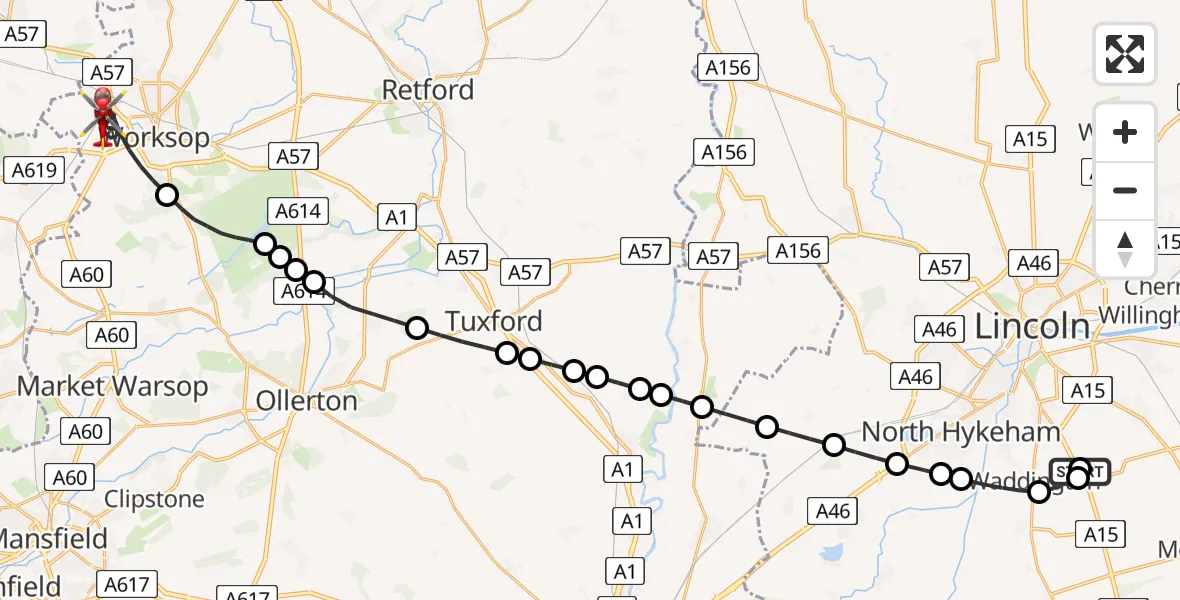 Flight path map showing Air Ambulance Helicopter route from RAF Waddington to Worksop