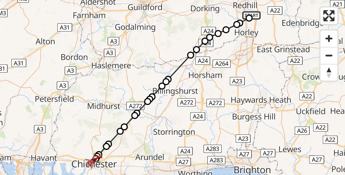 Flight path map showing Air Ambulance Helicopter route from Redhill Aerodrome to Chichester