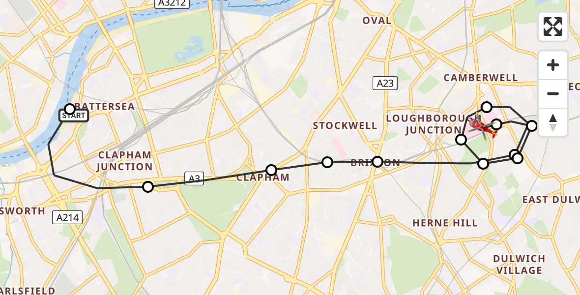 Flight path map showing Air Ambulance Helicopter route from London Heliport to Kings College London Hospital
