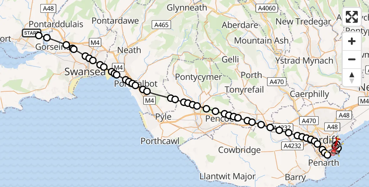 Flight path map showing Air Ambulance Helicopter route from Dafen to Cardiff Heliport