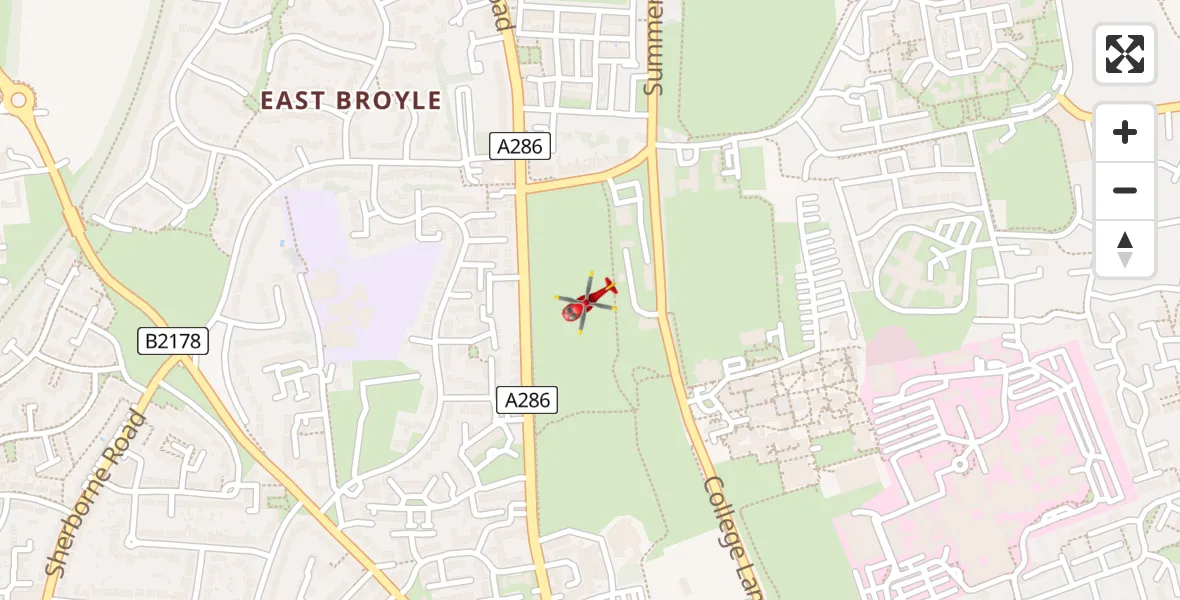Flight path map showing Air Ambulance Helicopter route from Chichester to Chichester