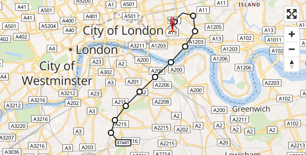 Flight path map showing Air Ambulance Helicopter route from Kings College London Hospital to Royal London Hospital