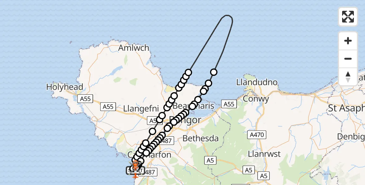 Flight path map showing Coastguard Helicopter route from Caernarfon Airport to Caernarfon Airport