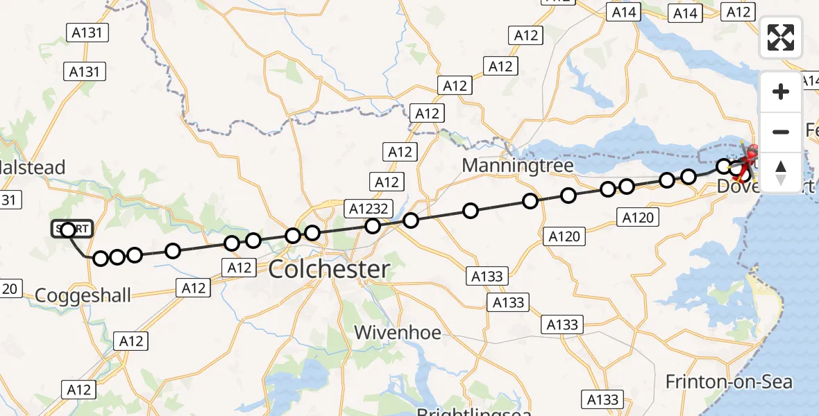 Flight path map showing Air Ambulance Helicopter route from Earls Colne Airfield to Parkeston