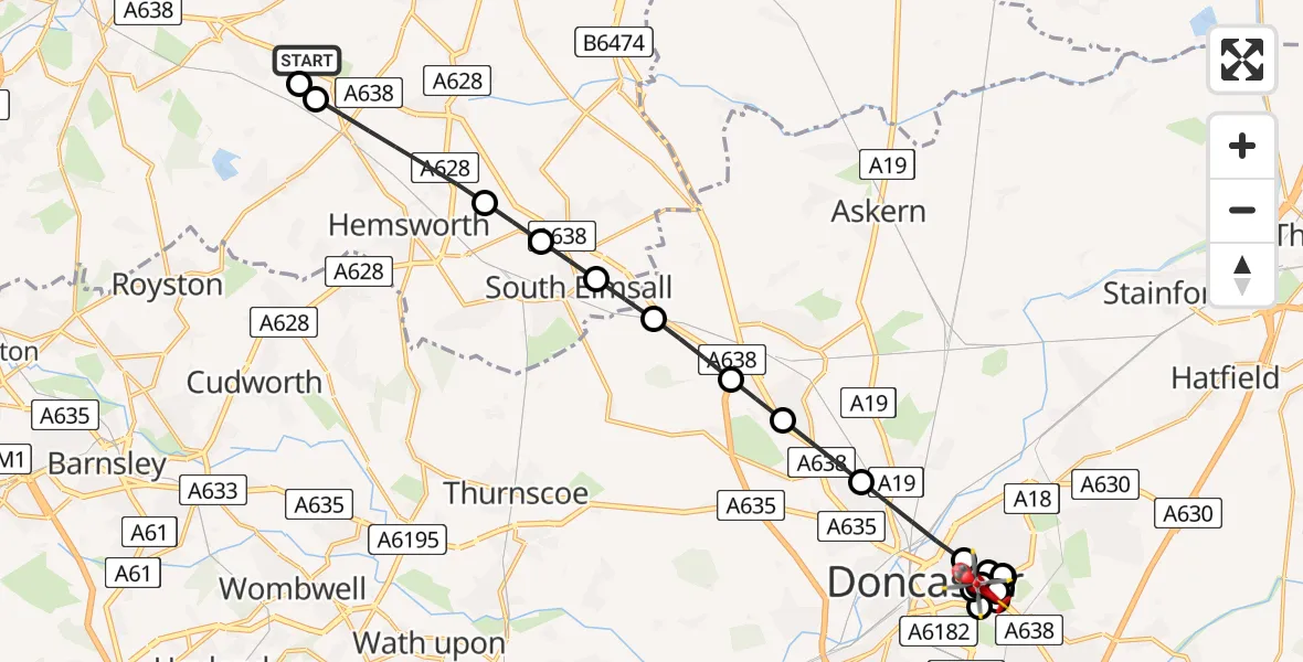 Flight path map showing Air Ambulance Helicopter route from YAA Nostell Helicopter Port to Lakeside