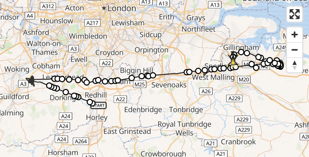 Flight path map showing Police Helicopter route from Salfords to Rochester Airport