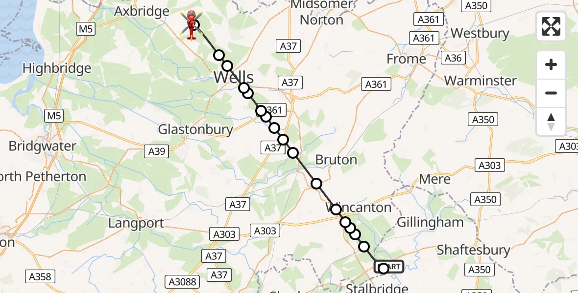 Flight path map showing Air Ambulance Helicopter route from Henstridge Airfield to Cheddar