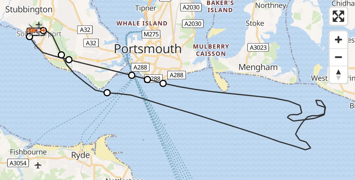 Flight path map showing Coastguard Helicopter route from Solent Airport to Solent Airport