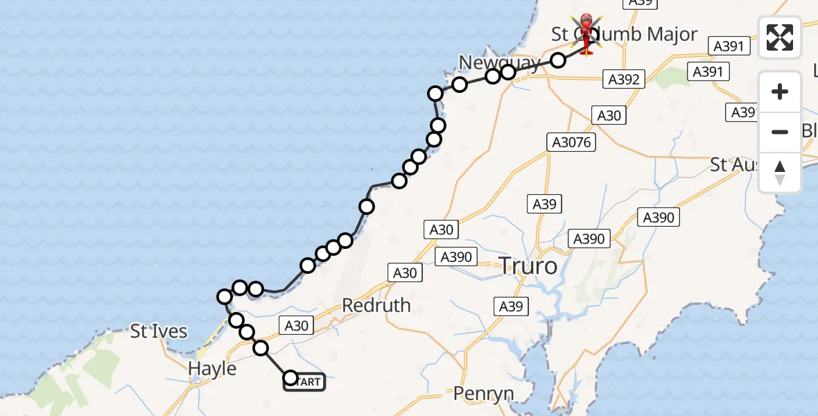 Flight path map showing Air Ambulance Helicopter route from Praze-An-Beeble to Cornwall Airport Newquay
