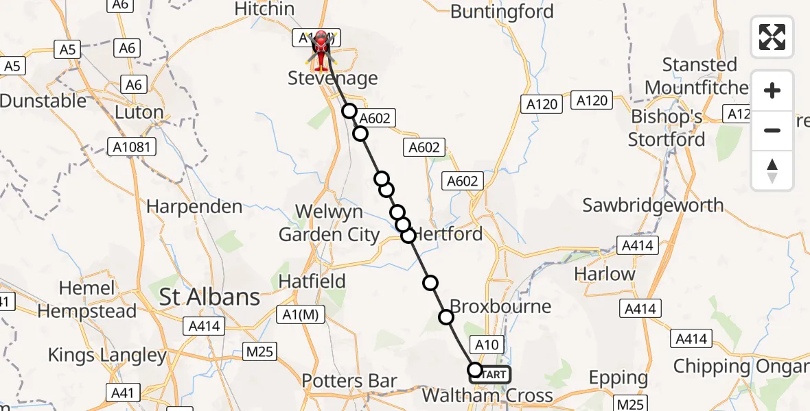 Flight path map showing Air Ambulance Helicopter route from Cheshunt to Stevenage