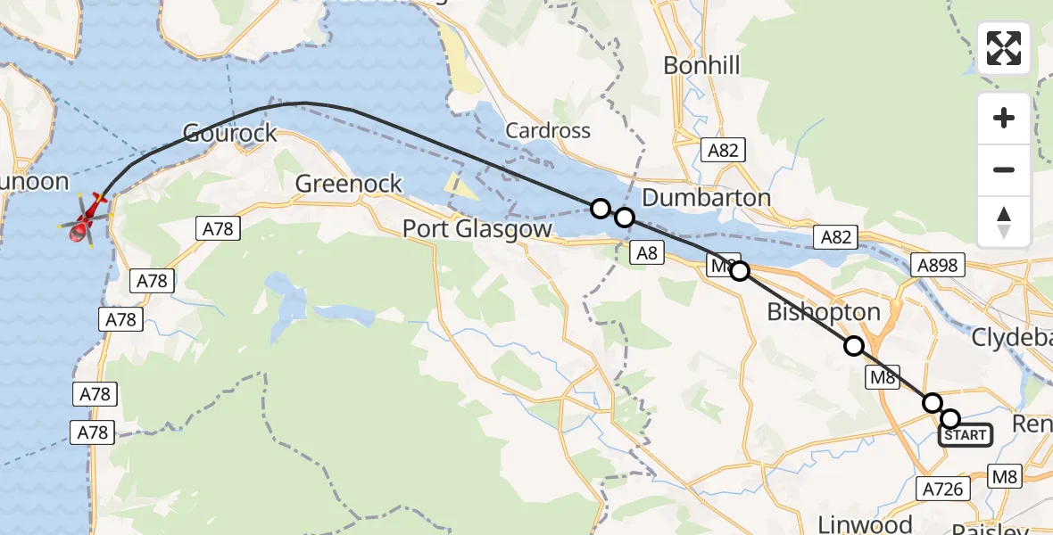 Flight path map showing Air Ambulance Helicopter route from Glasgow Airport to Inner Seas