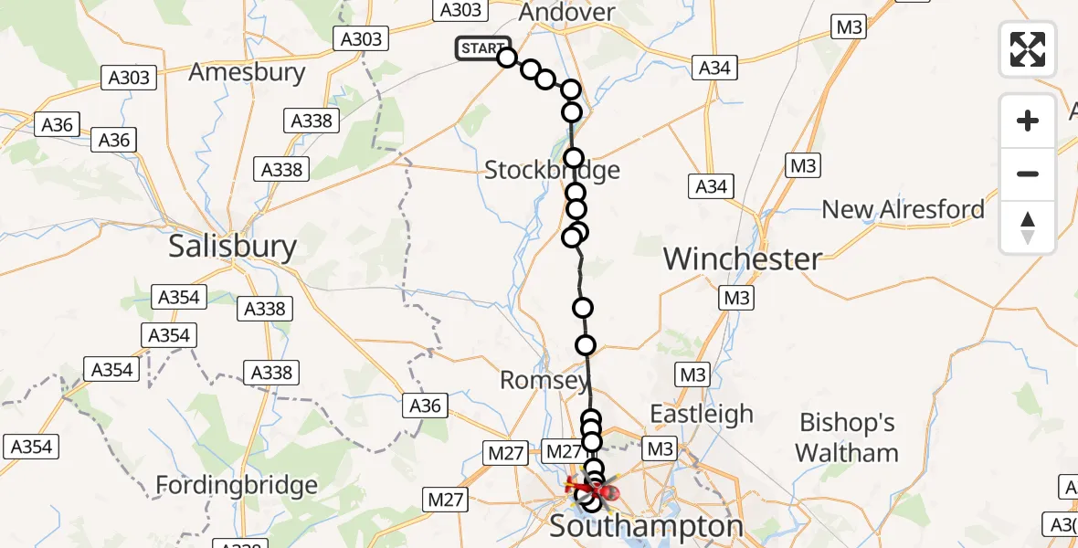 Flight path map showing Air Ambulance Helicopter route from Monxton to Wimpson