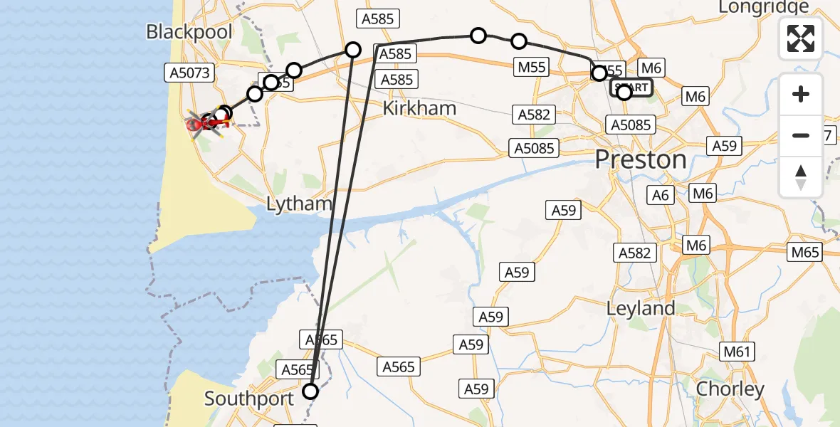 Flight path map showing Air Ambulance Helicopter route from Royal Preston to Blackpool Airport