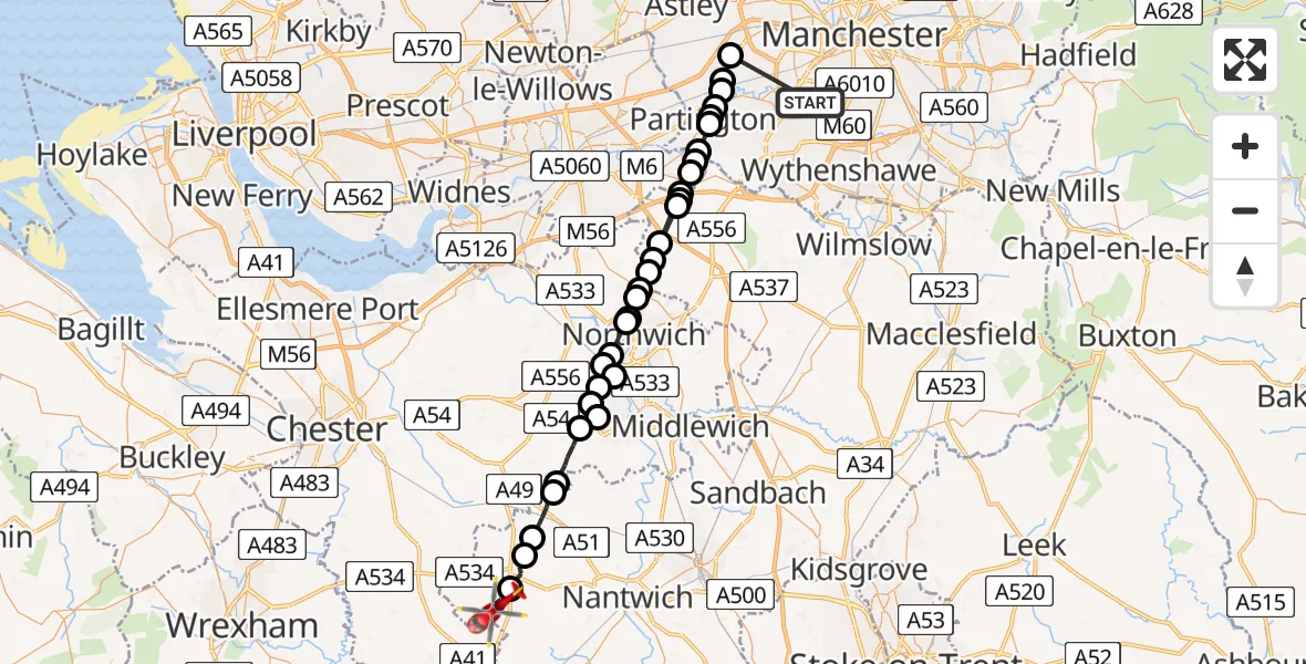 Flight path map showing Air Ambulance Helicopter route from Sale to Cholmondeley