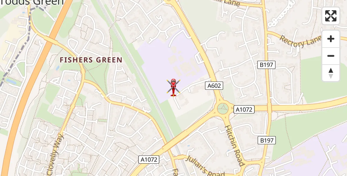 Flight path map showing Air Ambulance Helicopter route from Stevenage to Stevenage