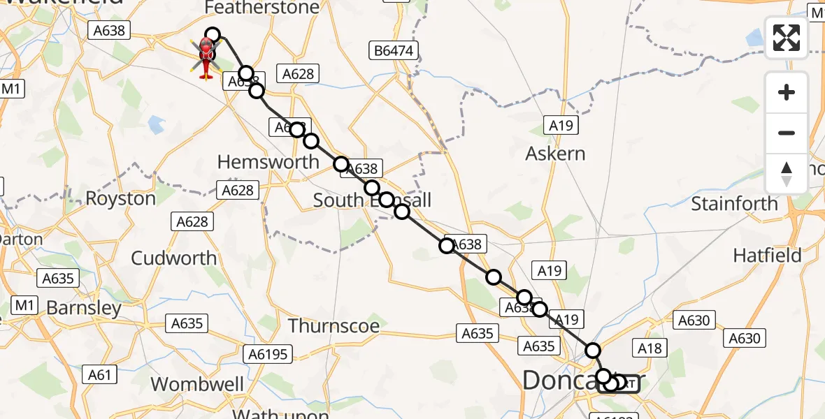 Flight path map showing Air Ambulance Helicopter route from Intake to YAA Nostell Helicopter Port