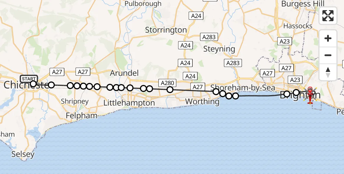 Flight path map showing Air Ambulance Helicopter route from Chichester to Brighton