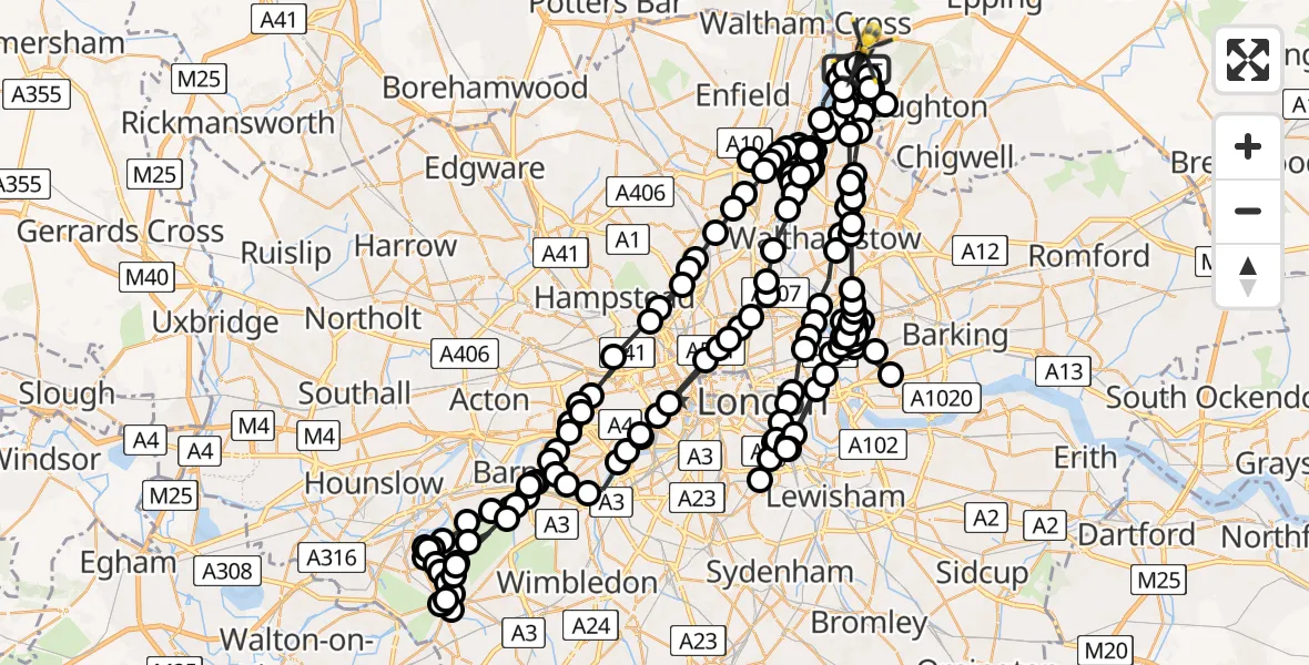 Flight path map showing Police Helicopter route from Epping Forest to Epping Forest