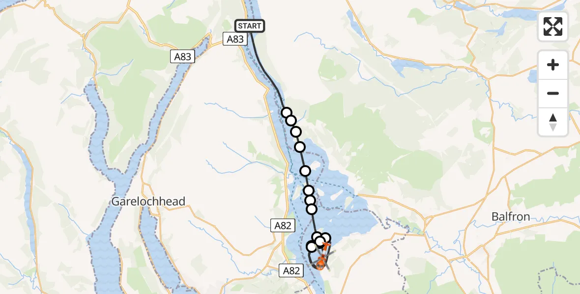 Flight path map showing Coastguard Helicopter route from Loch Lomond to Loch Lomond