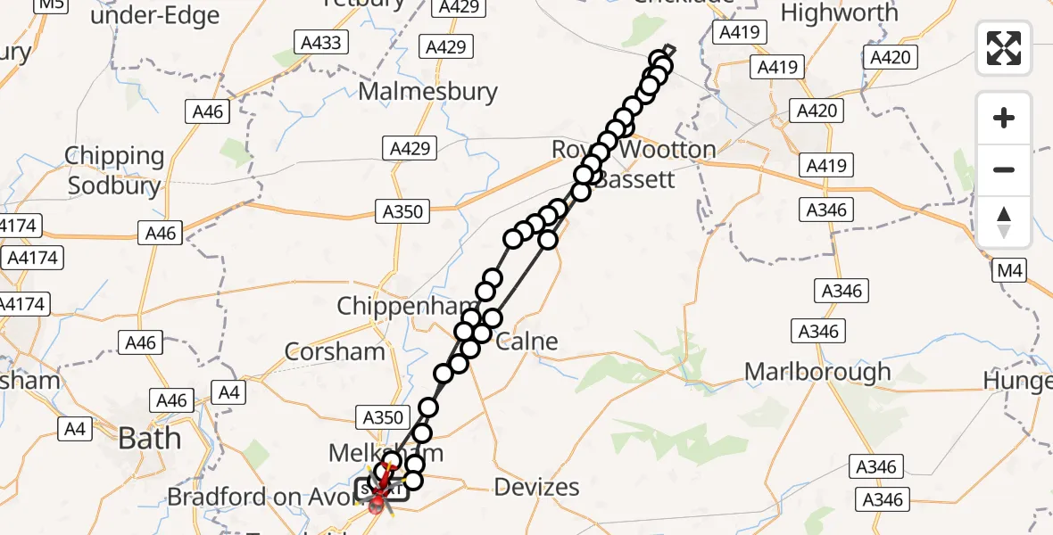 Flight path map showing Air Ambulance Helicopter route from Wiltshire Air Ambulance to Wiltshire Air Ambulance