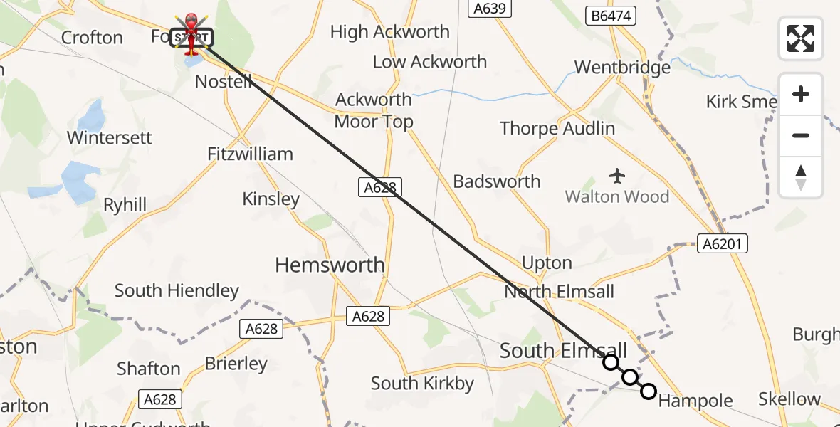 Flight path map showing Air Ambulance Helicopter route from YAA Nostell Helicopter Port to YAA Nostell Helicopter Port