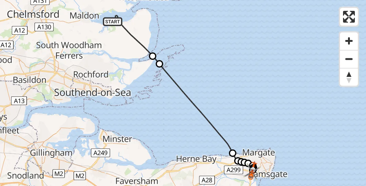 Flight path map showing Coastguard Helicopter route from Maldon to Manston Airport