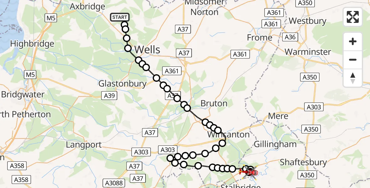 Flight path map showing Air Ambulance Helicopter route from Cheddar to Henstridge Airfield