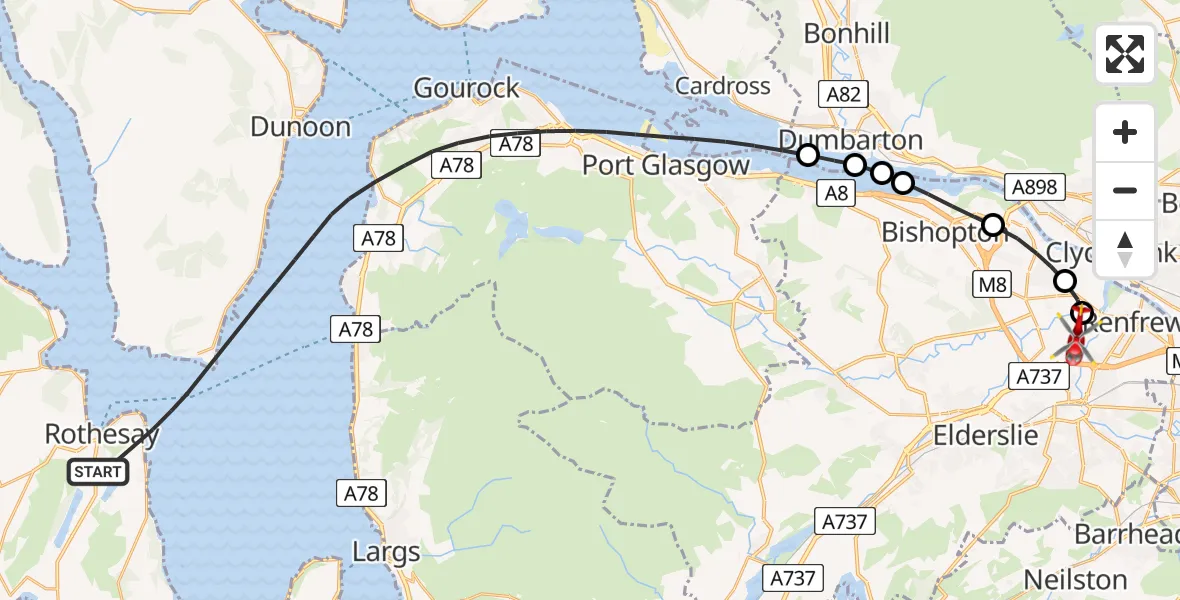 Flight path map showing Air Ambulance Helicopter route from Inner Seas to Glasgow Airport