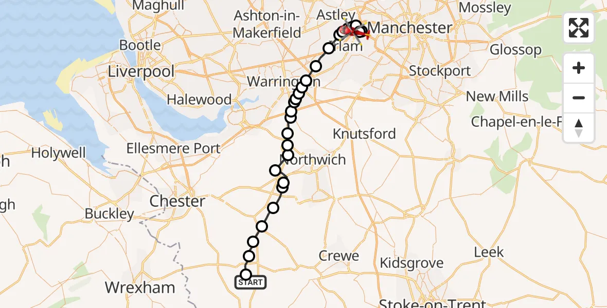 Flight path map showing Air Ambulance Helicopter route from Cholmondeley to Manchester Barton Aerodrome