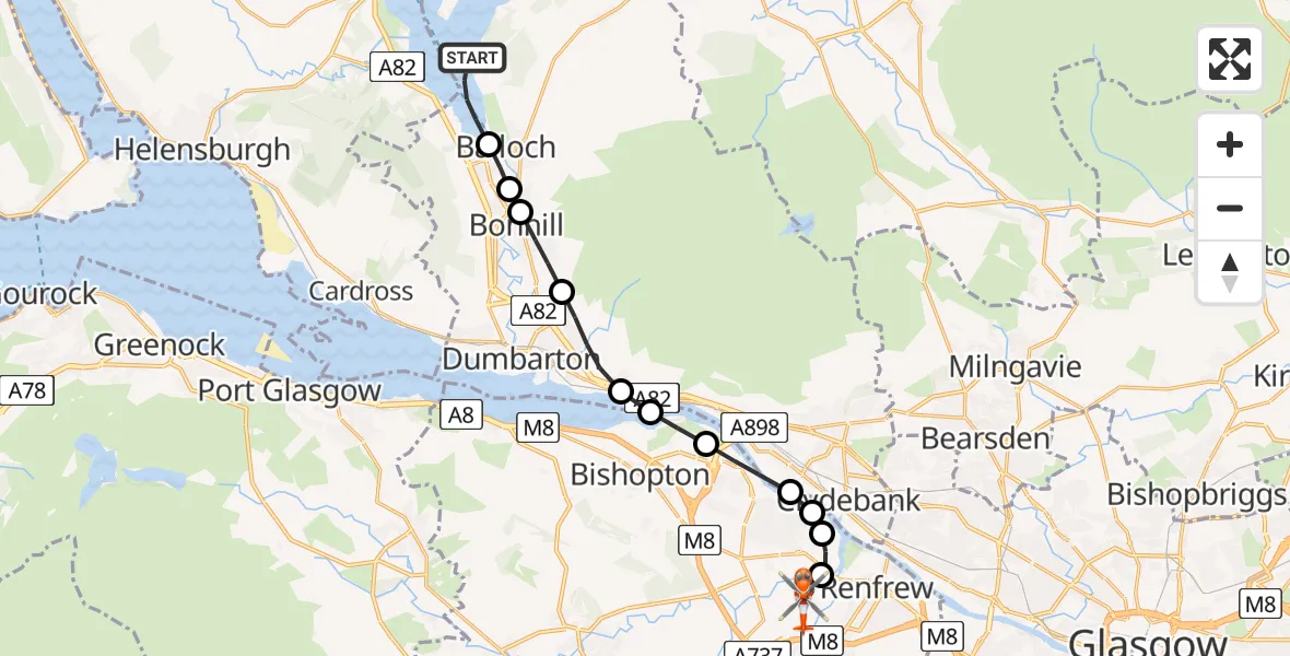 Flight path map showing Coastguard Helicopter route from Loch Lomond to Glasgow Airport