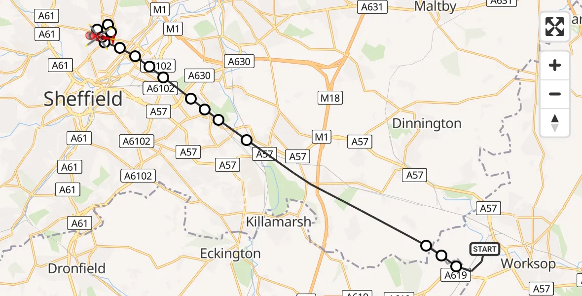 Flight path map showing Air Ambulance Helicopter route from Worksop to Sheffield Northern Hospital