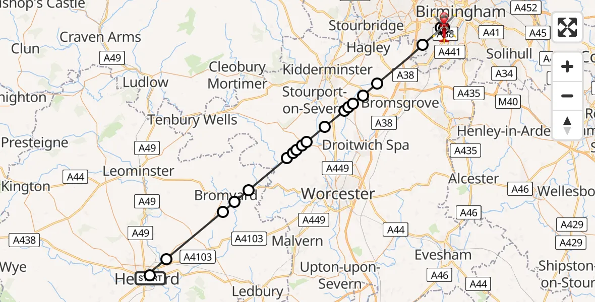Flight path map showing Air Ambulance Helicopter route from Hereford County Hospital to Queen Elizabeth Hospital Helipad