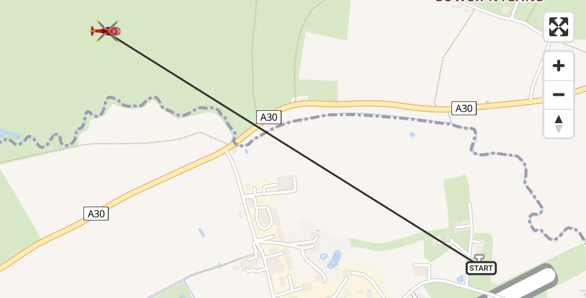 Flight path map showing Air Ambulance Helicopter route from Henstridge Airfield to Henstridge