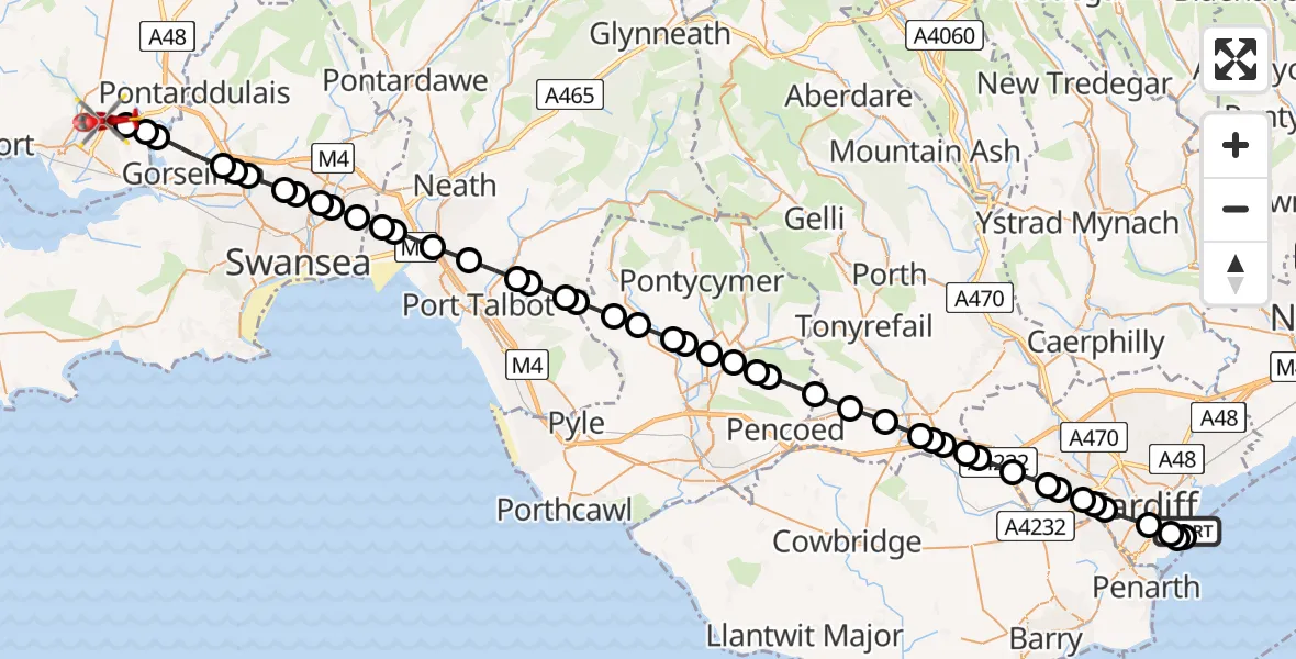 Flight path map showing Air Ambulance Helicopter route from Cardiff Heliport to Dafen