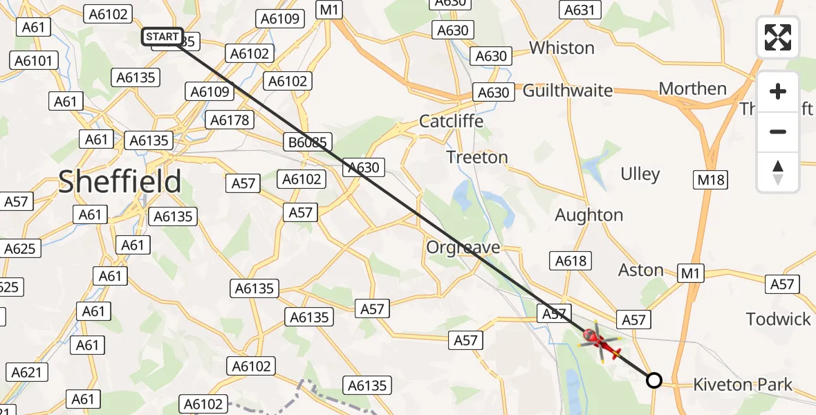 Flight path map showing Air Ambulance Helicopter route from Sheffield Northern Hospital to Rotherham