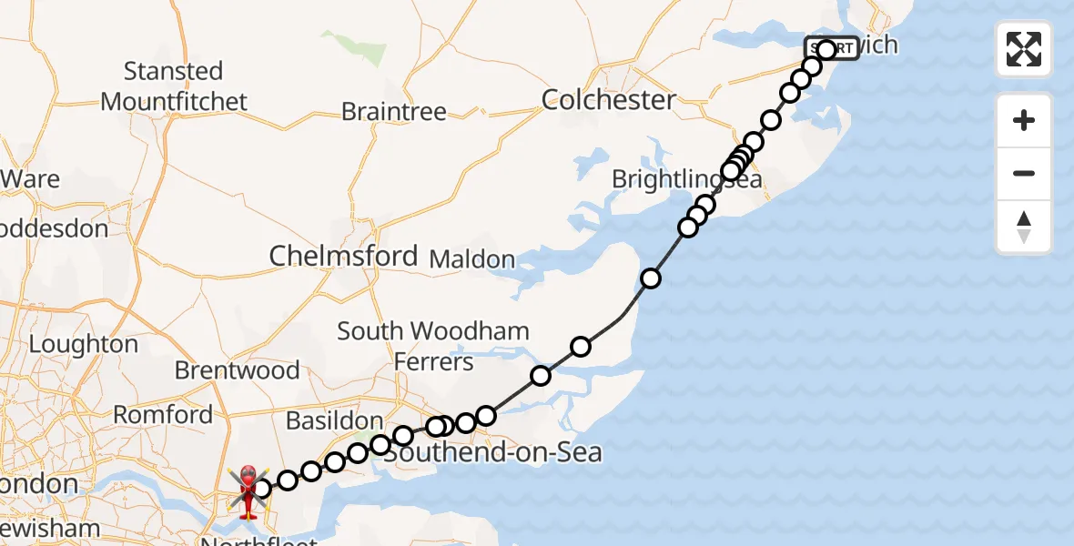 Flight path map showing Air Ambulance Helicopter route from Parkeston to Grays