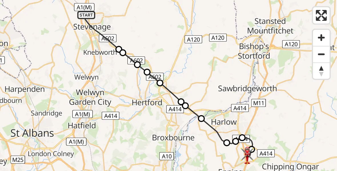 Flight path map showing Air Ambulance Helicopter route from Stevenage to North Weald Airfield