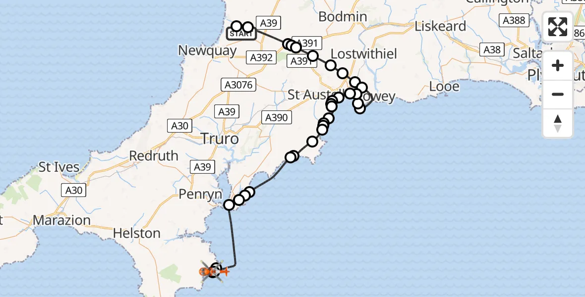 Flight path map showing Coastguard Helicopter route from Cornwall Airport Newquay to St. Keverne