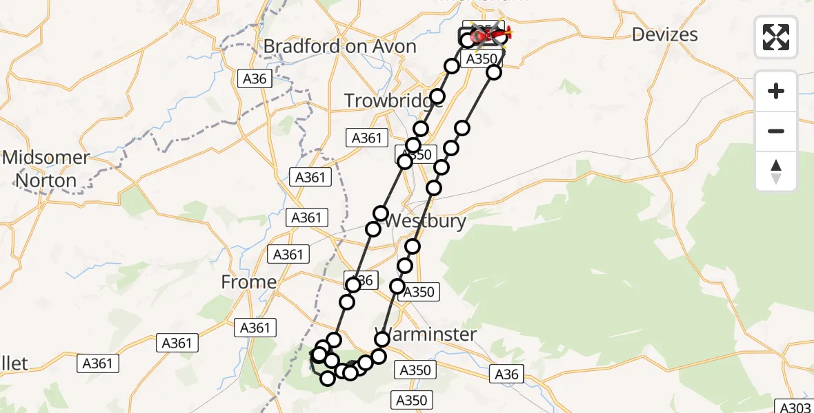 Flight path map showing Air Ambulance Helicopter route from Wiltshire Air Ambulance to Melksham